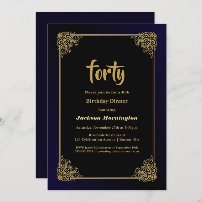 Black and Gold 40th Birthday Dinner Invitation (Front/Back)