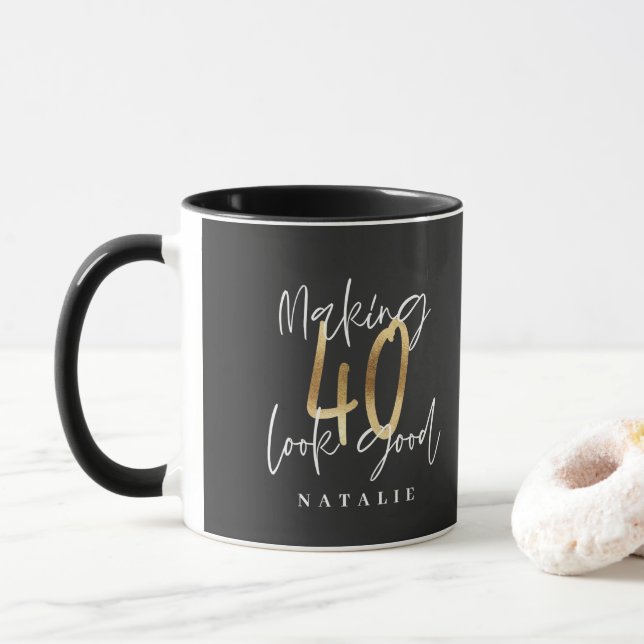 Black and gold 40th birthday modern script stylish mug (With Donut)