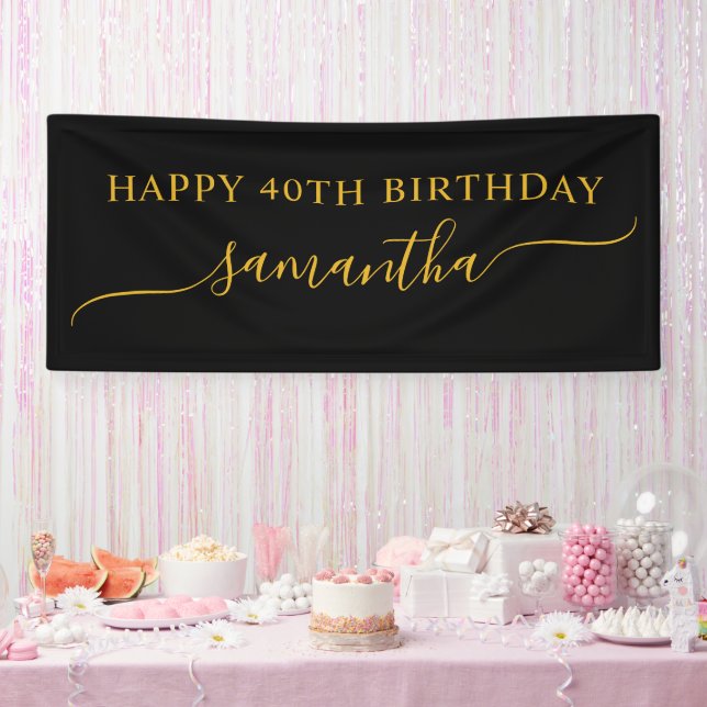 Black and Gold 40th Birthday Simple Swash Name Banner (Party)