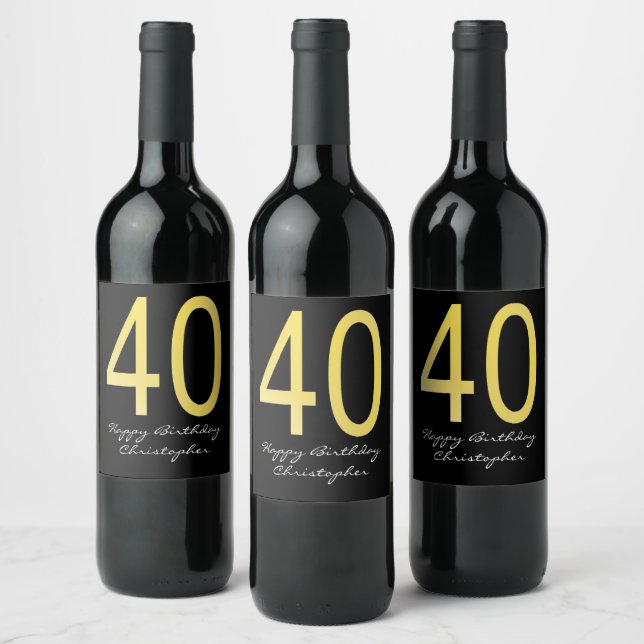 Black and Gold 40th Birthday Wine Label (Bottles)