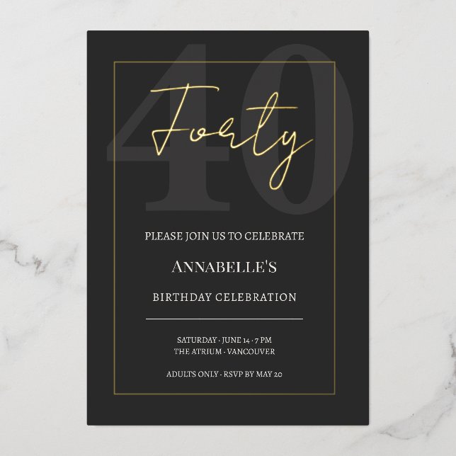 Black and Gold 40th Milestone Birthday Celebration Foil Invitation (Front)