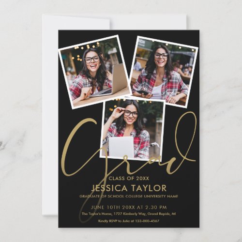 Black And Gold 4 Photo Collage Graduation Party Invitation