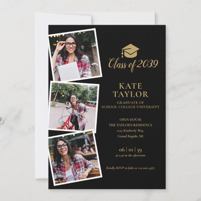 Black And Gold 4 Photo Graduation Party Invitation (Front)