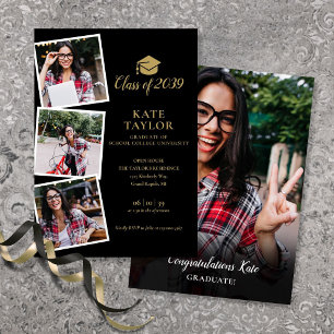 Black And Gold 4 Photo Graduation Party Invitation