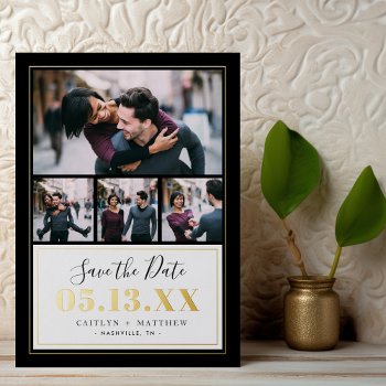 Black And Gold 4 Photo Save The Date Real Foil Invitation by rileyandzoe at Zazzle