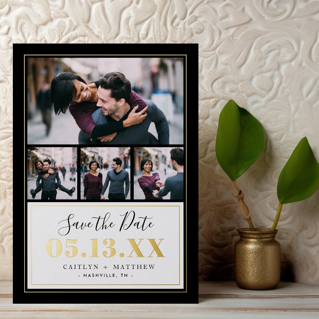 Black and Gold 4 Photo Save the Date Real Foil Invitation (Creator Uploaded)