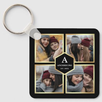 Black And Gold 4 Pictures Family Photo Collage Keychain by ShabzDesigns at Zazzle
