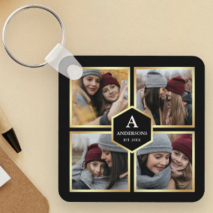 Black and Gold 4 Pictures Family Photo Collage Keychain