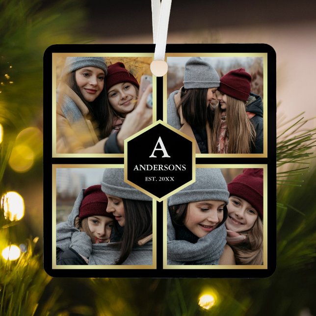Black and Gold 4 Pictures Family Photo Collage Metal Ornament (Creator Uploaded)