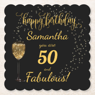 Black and Gold, 50 and Fabulous, Birthday Party Paper Coaster
