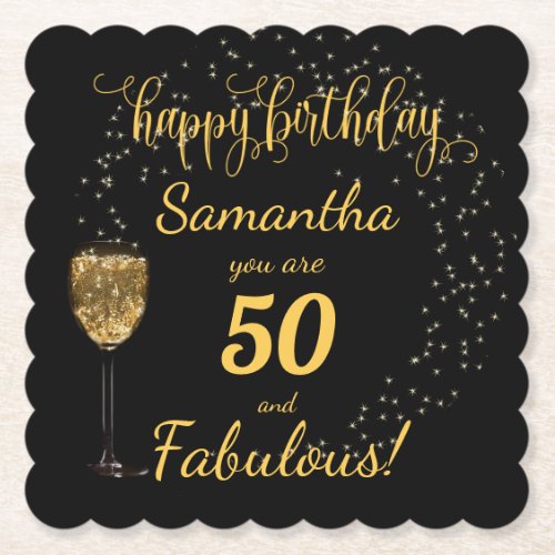 Black and Gold 50 and Fabulous Birthday Party Paper Coaster