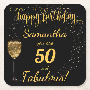 Black and Gold, 50 and Fabulous, Birthday Party Square Paper Coaster