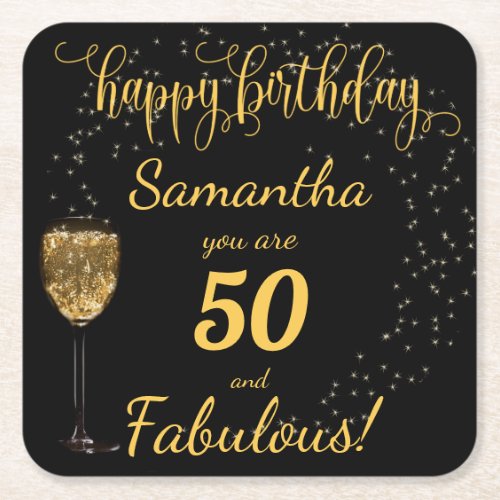 Black and Gold 50 and Fabulous Birthday Party Square Paper Coaster