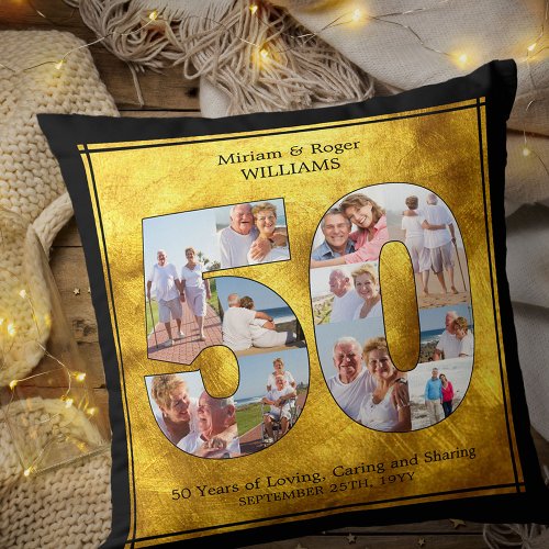 Black and Gold 50 Photo Collage Golden Wedding Throw Pillow