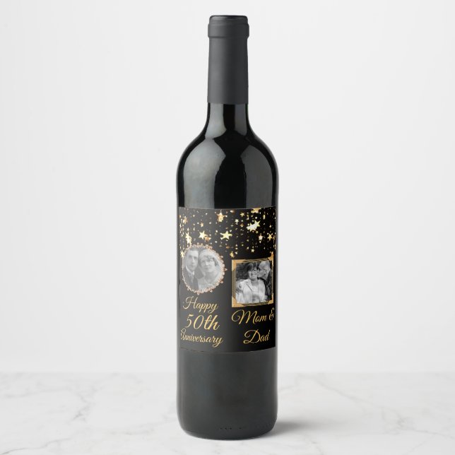 Black and Gold 50th Anniversary Personalized Photo Wine Label (Front)