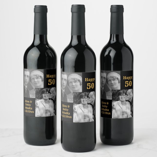 Black and Gold 50th Anniversary Personalized Photo Wine Label (Bottles)