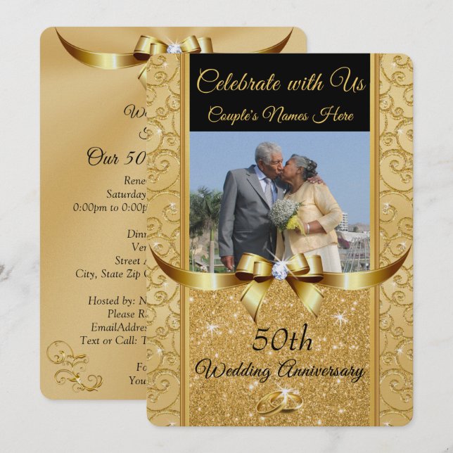 Black and Gold 50th Anniversary PHOTO Invitations (Front/Back)