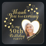 Black and Gold 50th Birthday Custom Thank You Square Sticker<br><div class="desc">Create unique black and gold Thank You stickers in square shapes for the 50th birthday party favors with an elegant design that features a template for heart shape photo, name, and the milestone. On this design, black background imitates metallic surface. Use the template to type your first and last name...</div>