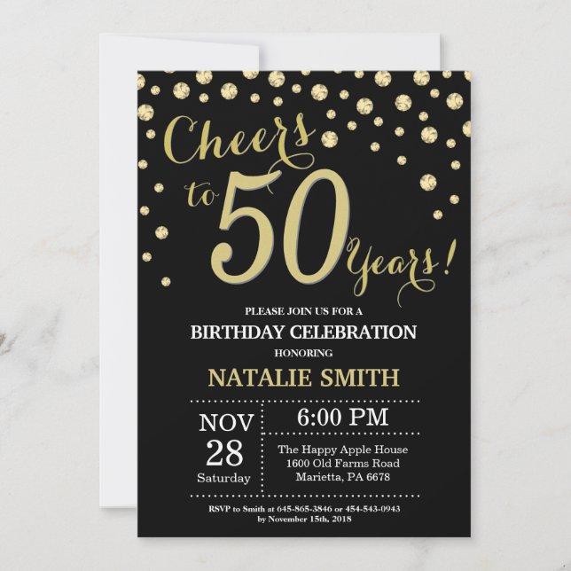 Black and Gold 50th Birthday Diamond Invitation (Front)