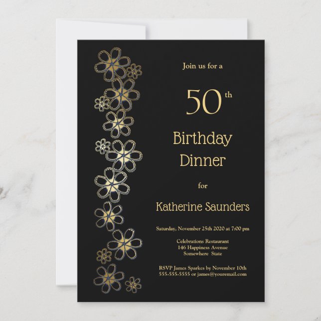 Black and Gold 50th Birthday Dinner Party Invitation (Front)