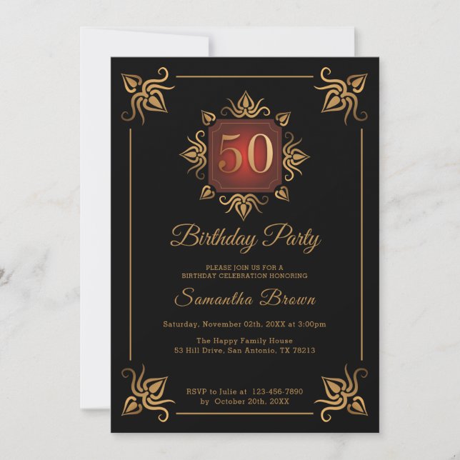 Black And Gold 50th Birthday Invitation (Front)