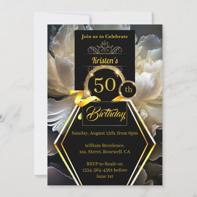 Black and Gold 50th birthday Invitation (Front)