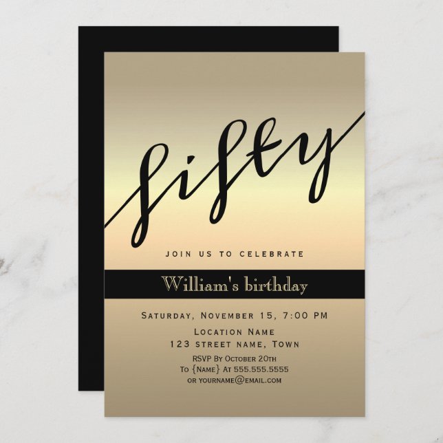 Black and Gold 50th Birthday Invitation (Front/Back)