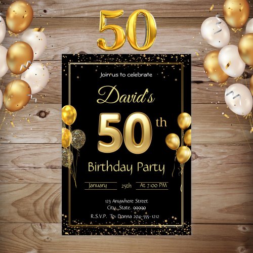 Black and Gold 50th Birthday Invitation