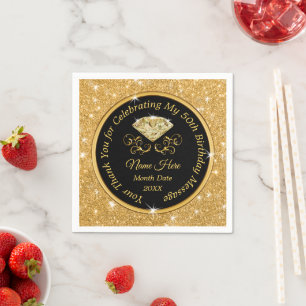 Black and Gold, 50th Birthday Napkins Personalized