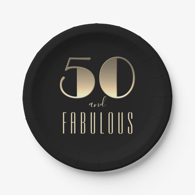 Black and Gold 50th Birthday Paper Plates (Front)