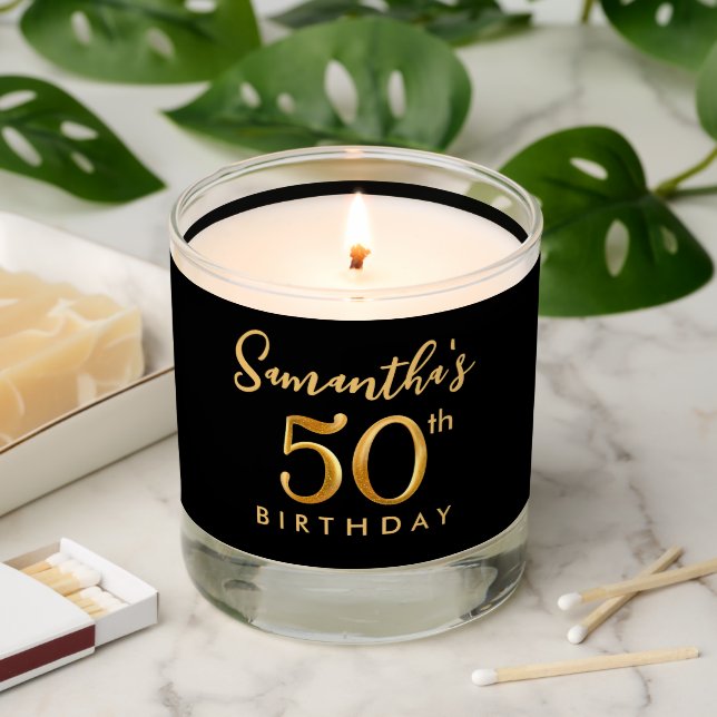 Black And Gold 50th Birthday Party Favor Scented Candle (Lit)