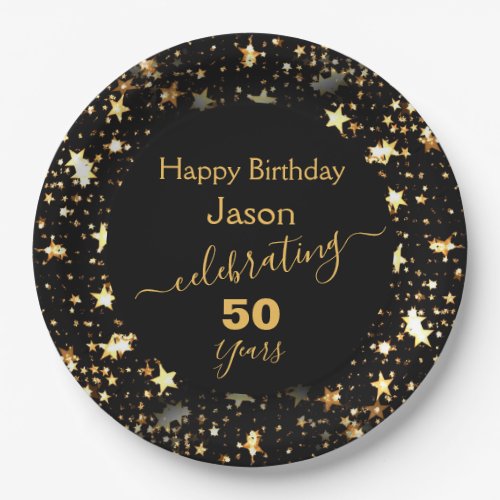 Black and Gold 50th Birthday Party Glitter Stars Paper Plates