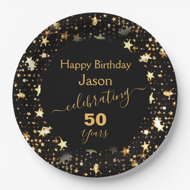 Black and Gold 50th Birthday Party Glitter Stars Paper Plates (Front)