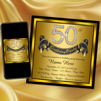 Black And Gold 50th Birthday Party Invitation by InvitationCentral at Zazzle