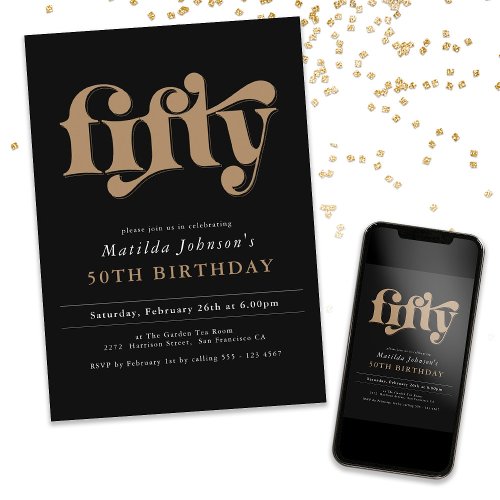 Black and Gold 50th Birthday Party Invitation