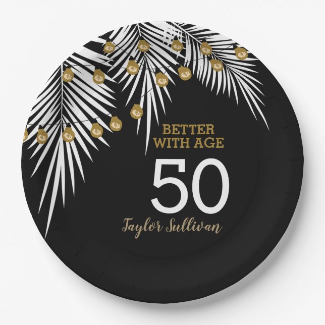 Black and Gold 50th Birthday Party Paper Plates (Front)
