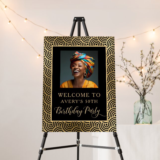 Black and Gold 50th Birthday Party Photo Welcome Foam Board (In Situ (Stand))