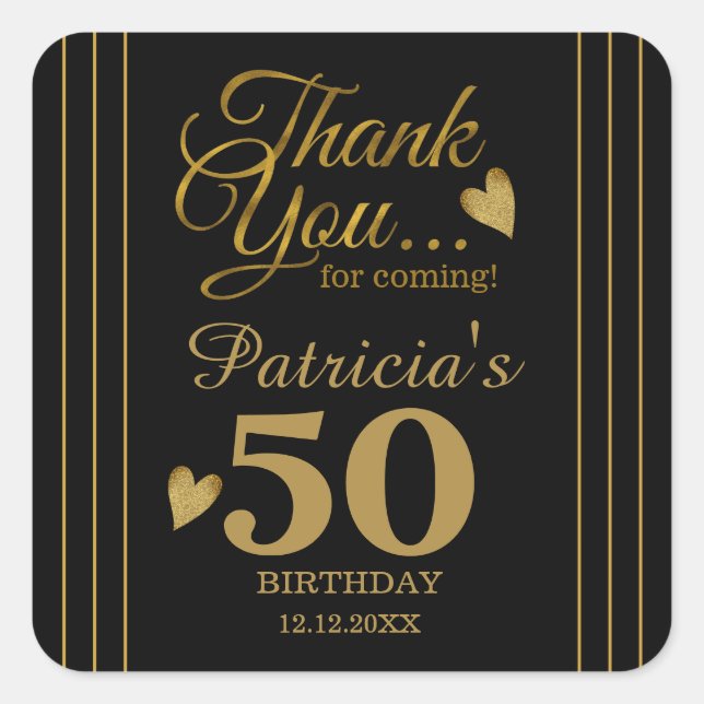Black And Gold 50th Birthday Party Thank You Square Sticker (Front)