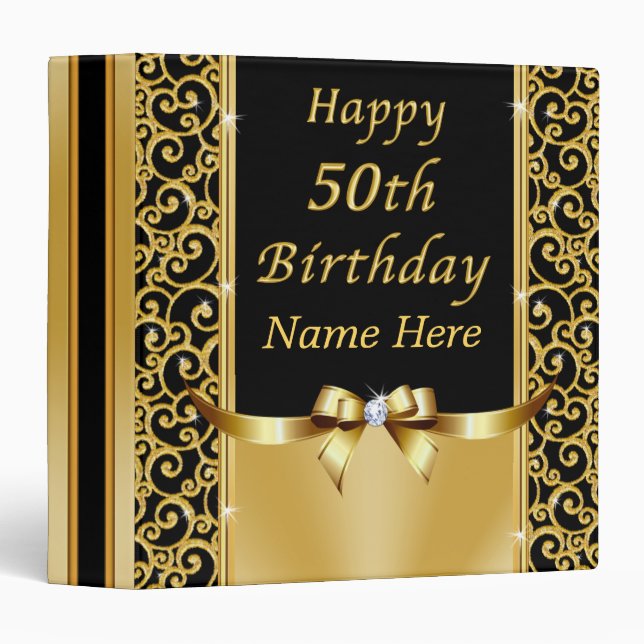 Black and Gold 50th Birthday Photo Album Binder (Front/Spine)