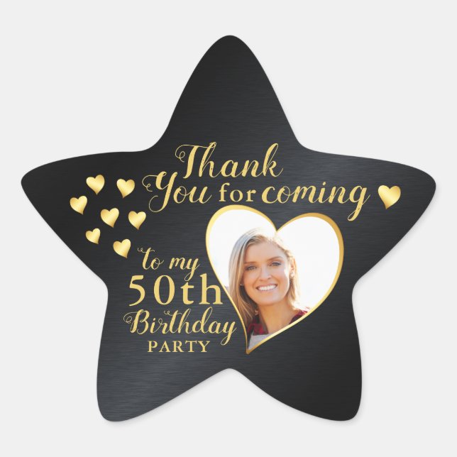 Black and Gold 50th Birthday Photo Thank You Star Sticker (Front)