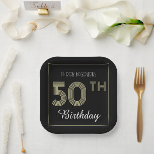 Black and Gold 50th Birthday Retro Stripe Print Paper Plates