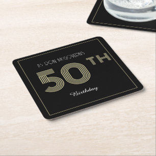 Black and Gold 50th Birthday Retro Stripe Print Square Paper Coaster