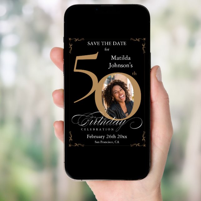 Black and Gold 50th Birthday Save The Date Card (Front Digital)