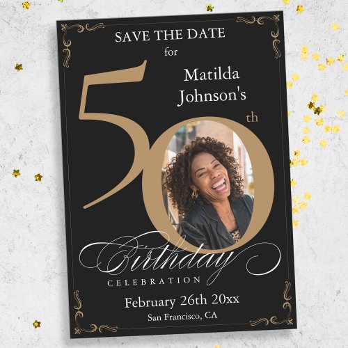 Black and Gold 50th Birthday Save The Date Card