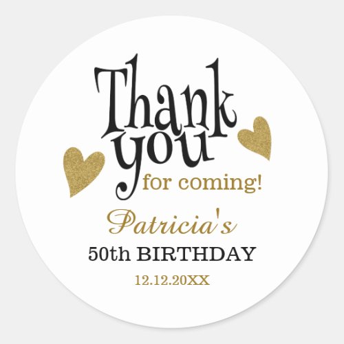 Black And Gold 50th Birthday Thank You Favor Classic Round Sticker