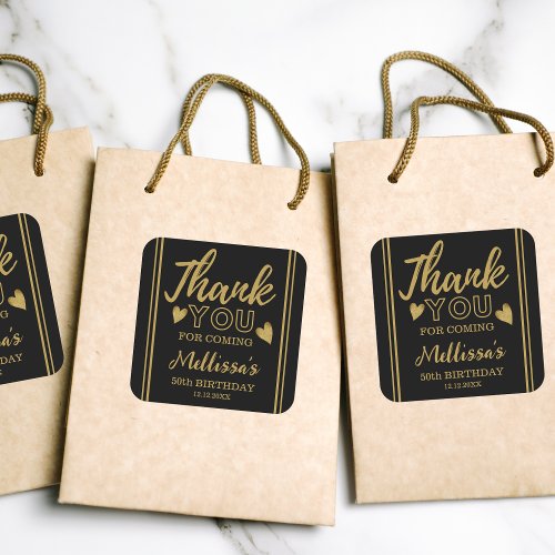 Black And Gold 50th Birthday Thank You Favor Square Sticker
