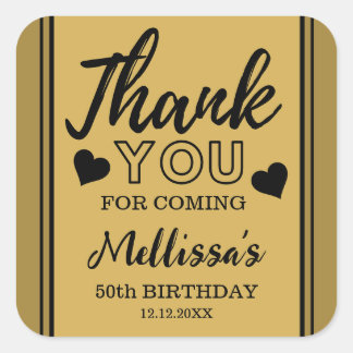 Black And Gold 50th Birthday Thank You Favor Square Sticker