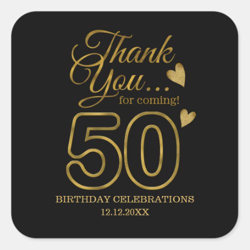 Black And Gold 50th Birthday Thank You  Square Sticker