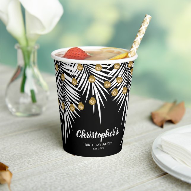 Black and Gold 50th Birthday Tropical Paper Cups (Insitu)