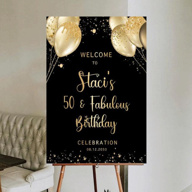 Black and Gold 50th Birthday Welcome Sign, Balloon Foam Board (Creator Uploaded)